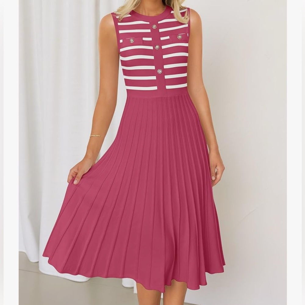 ZESICA XL Sleeveless Striped Midi Crewneck Button Knit Swing Pleated ALine Dress